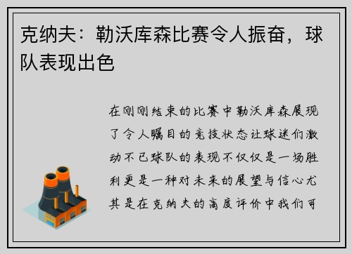 克纳夫：勒沃库森比赛令人振奋，球队表现出色